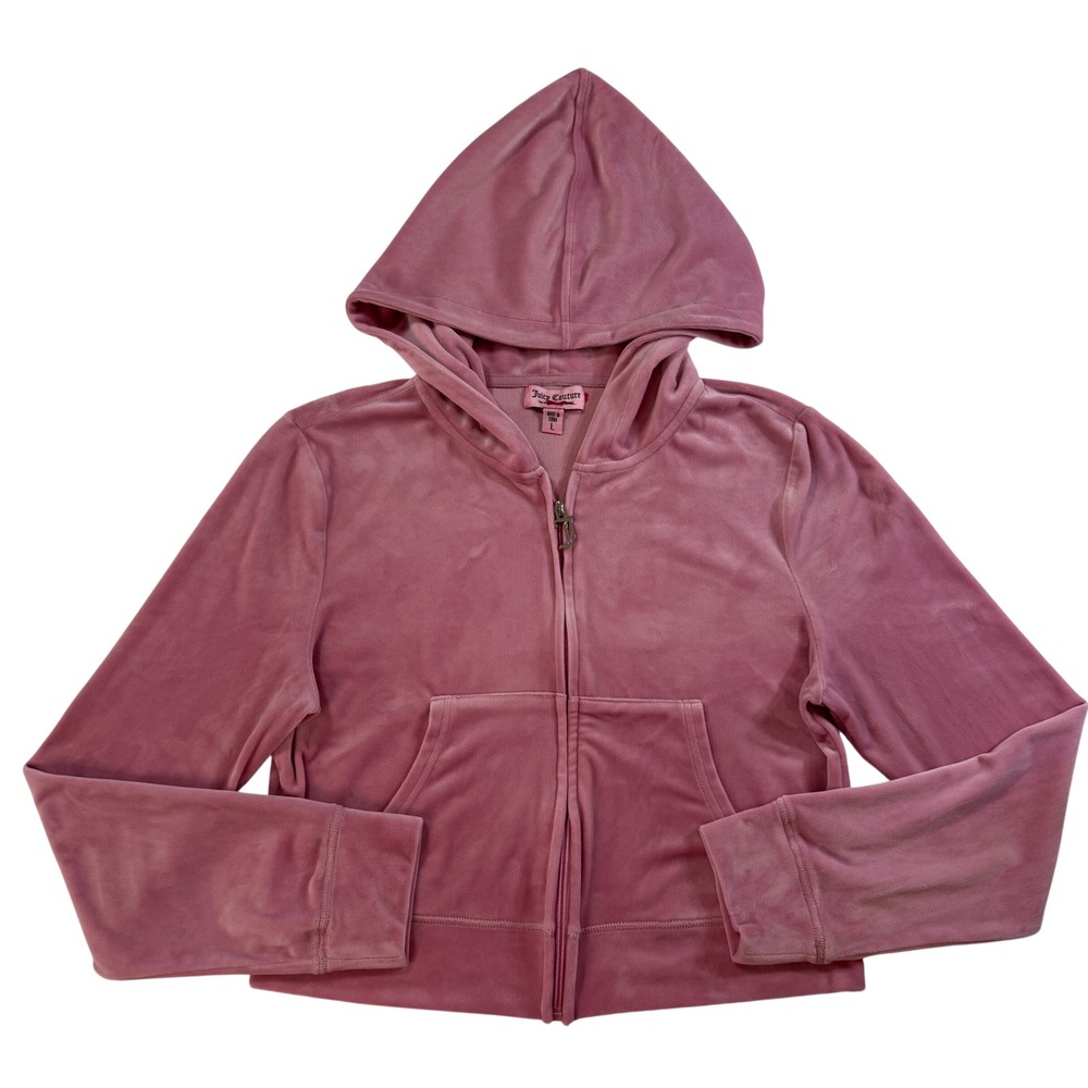 Y2K Juicy Couture Velour Zip Up Hoodie Pink Rhinestone Logo Crop Jacket Large